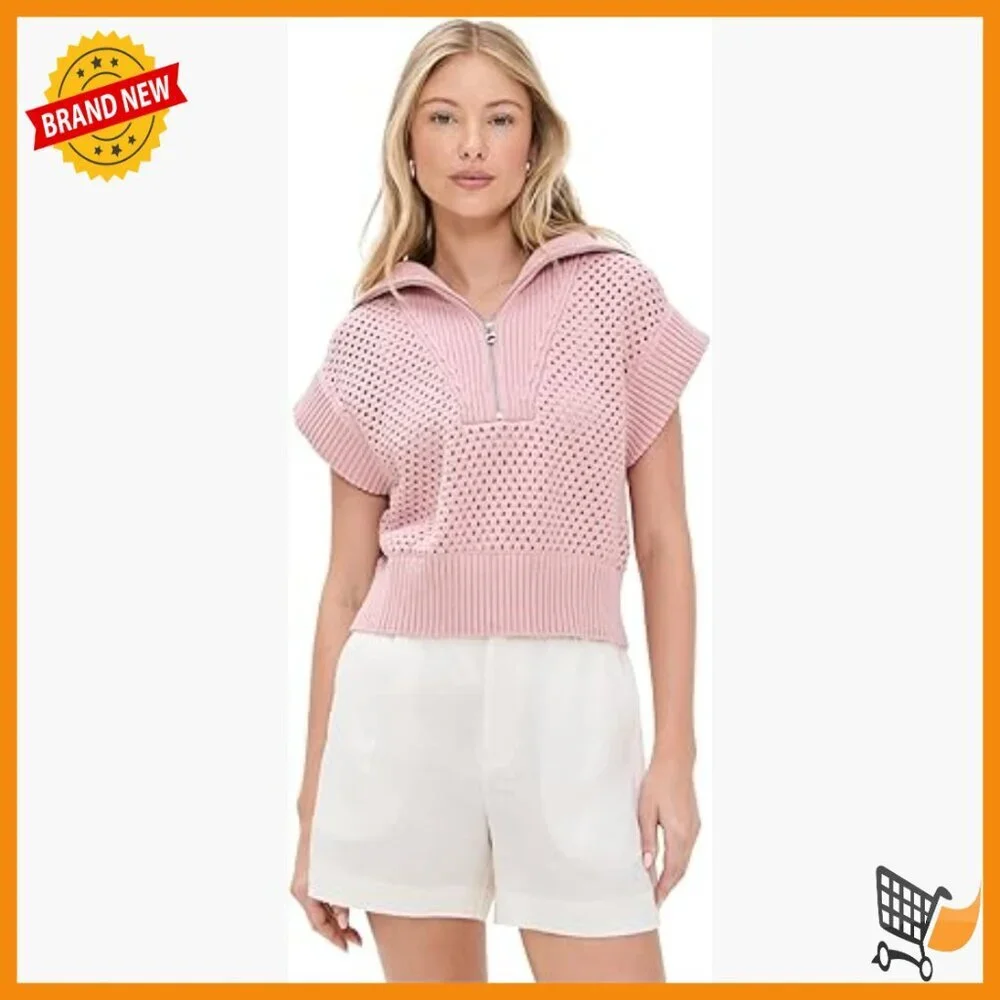 Cropped Half Zip Cotton Sweater, Loose Fit, Short Sleeve Pullover